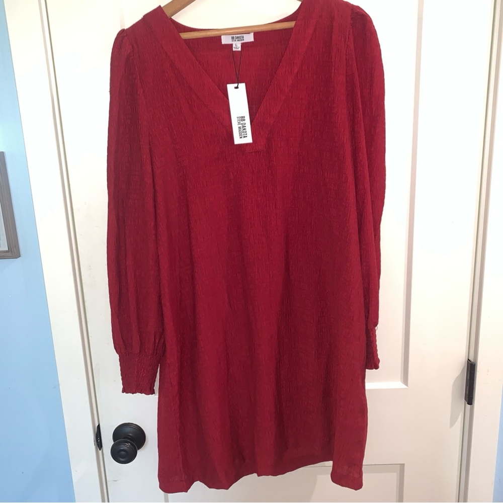 NWT BB Dakota Steve Madden Red V-Neck Bishop Sleeve Dress Size:L